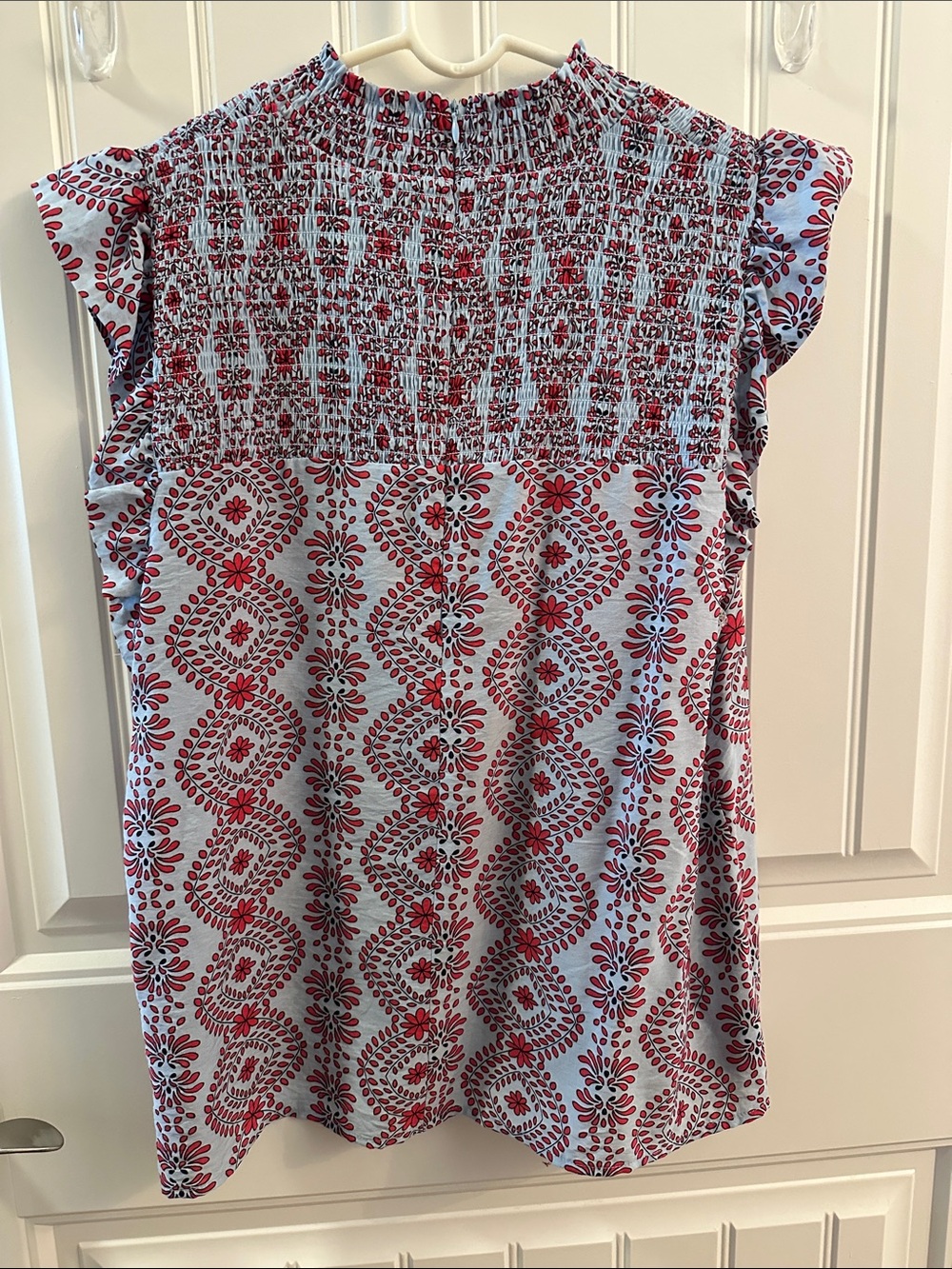 THML Smocked Ruffle Sleeve Top in Light Blue and Red - Picture 3 of 4